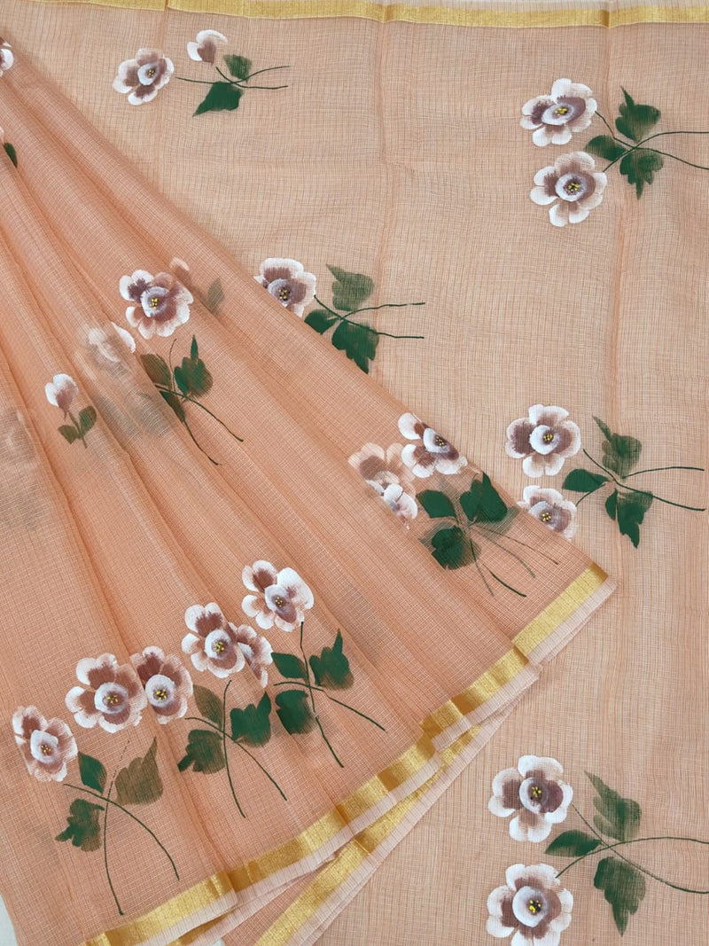 Kota Doria Saree With Hand Brush Work