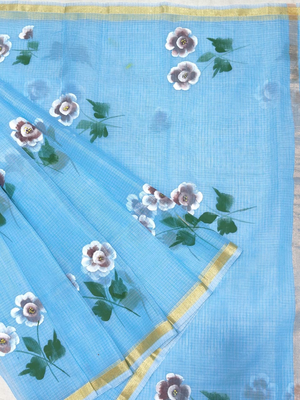 Kota Doria Saree With Hand Brush Work