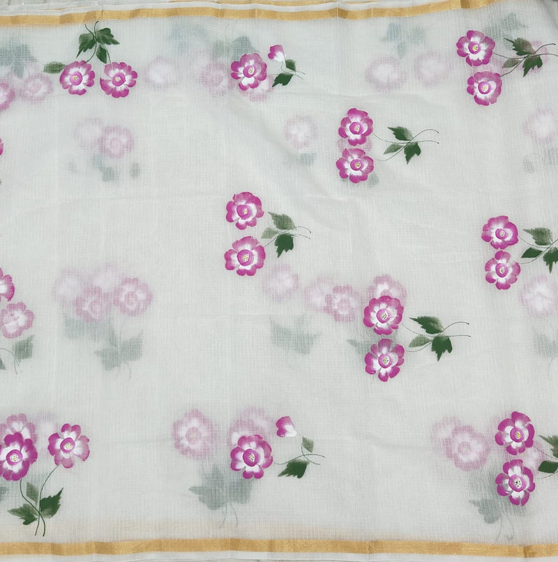 Kota Doria Saree With Hand Brush Work