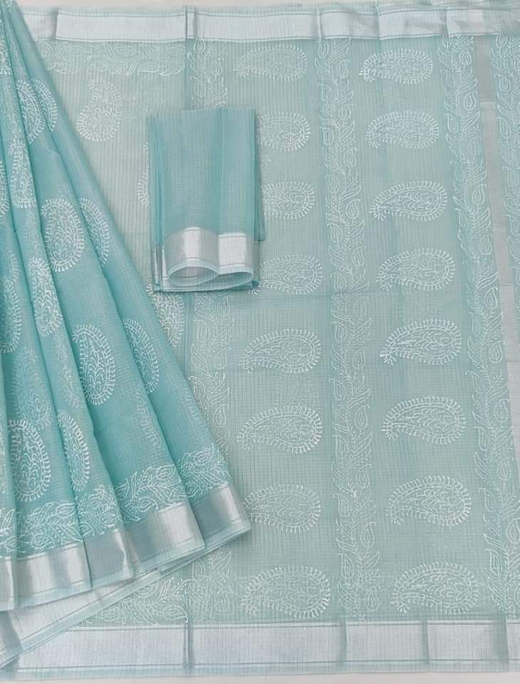 Hand Block Print Kota Doria Saree with Blouse