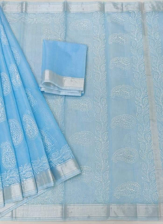 Hand Block Print Kota Doria Saree with Blouse