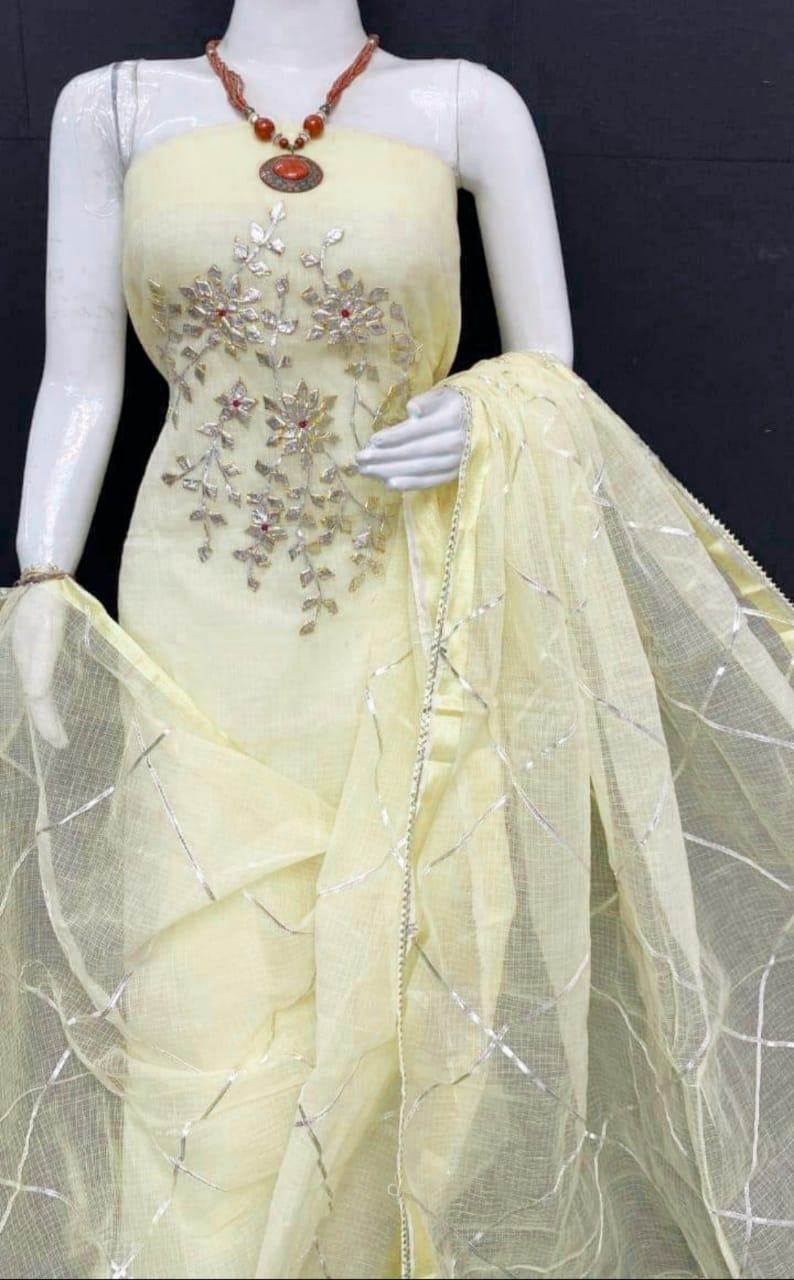 Pure Kota Doriya unstitched suit with gota patti work