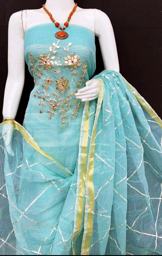 Pure Kota Doriya unstitched suit with gota patti work