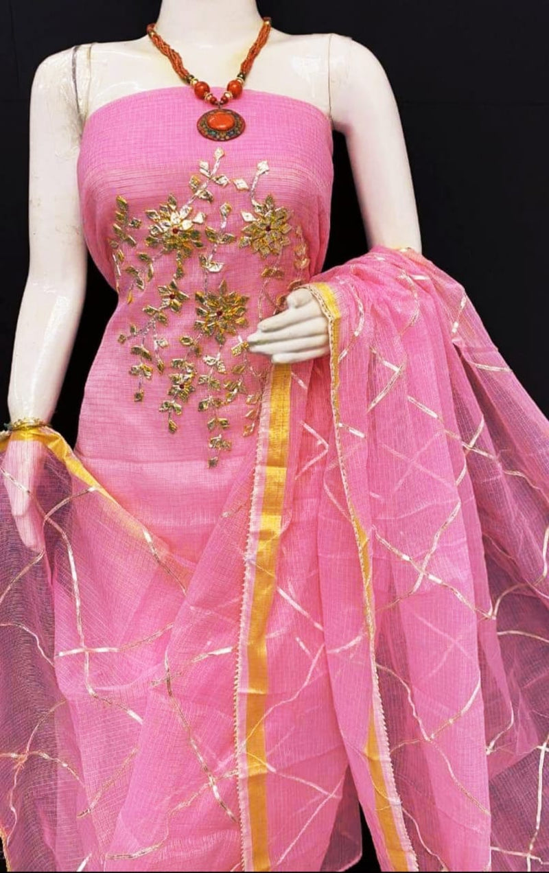 Pure Kota Doriya unstitched suit with gota patti work