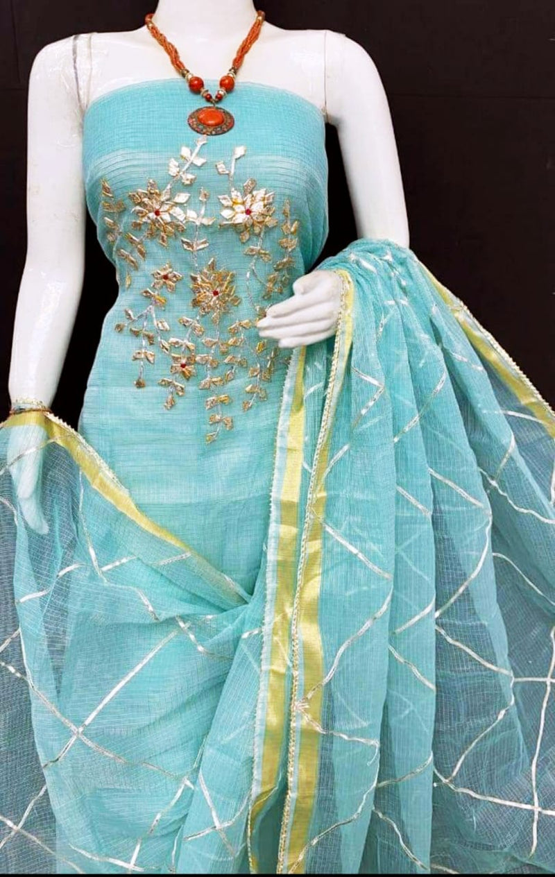 Pure Kota Doriya unstitched suit with gota patti work