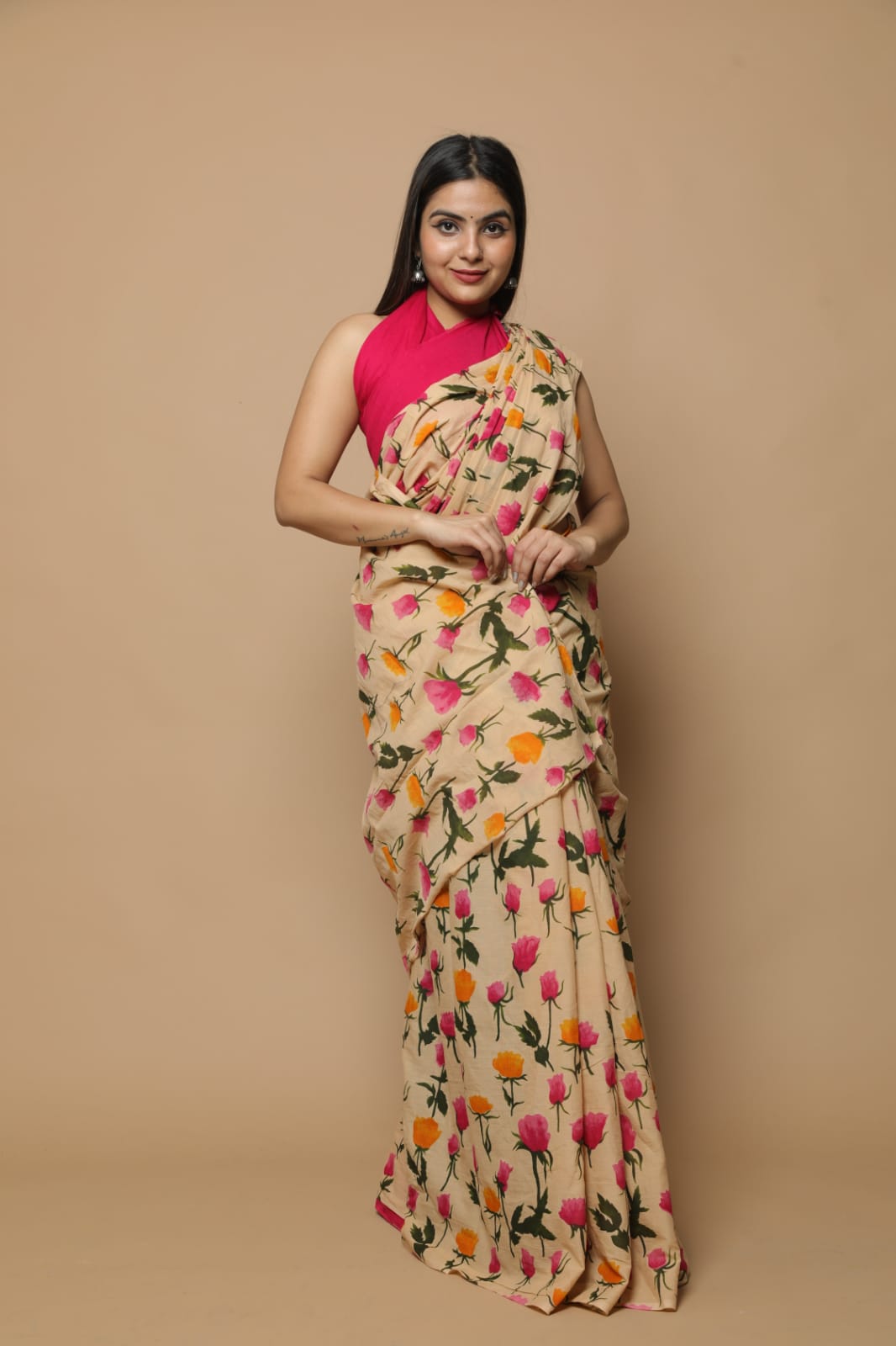 Pure Hand Printed Cotton Sarees With Blouse