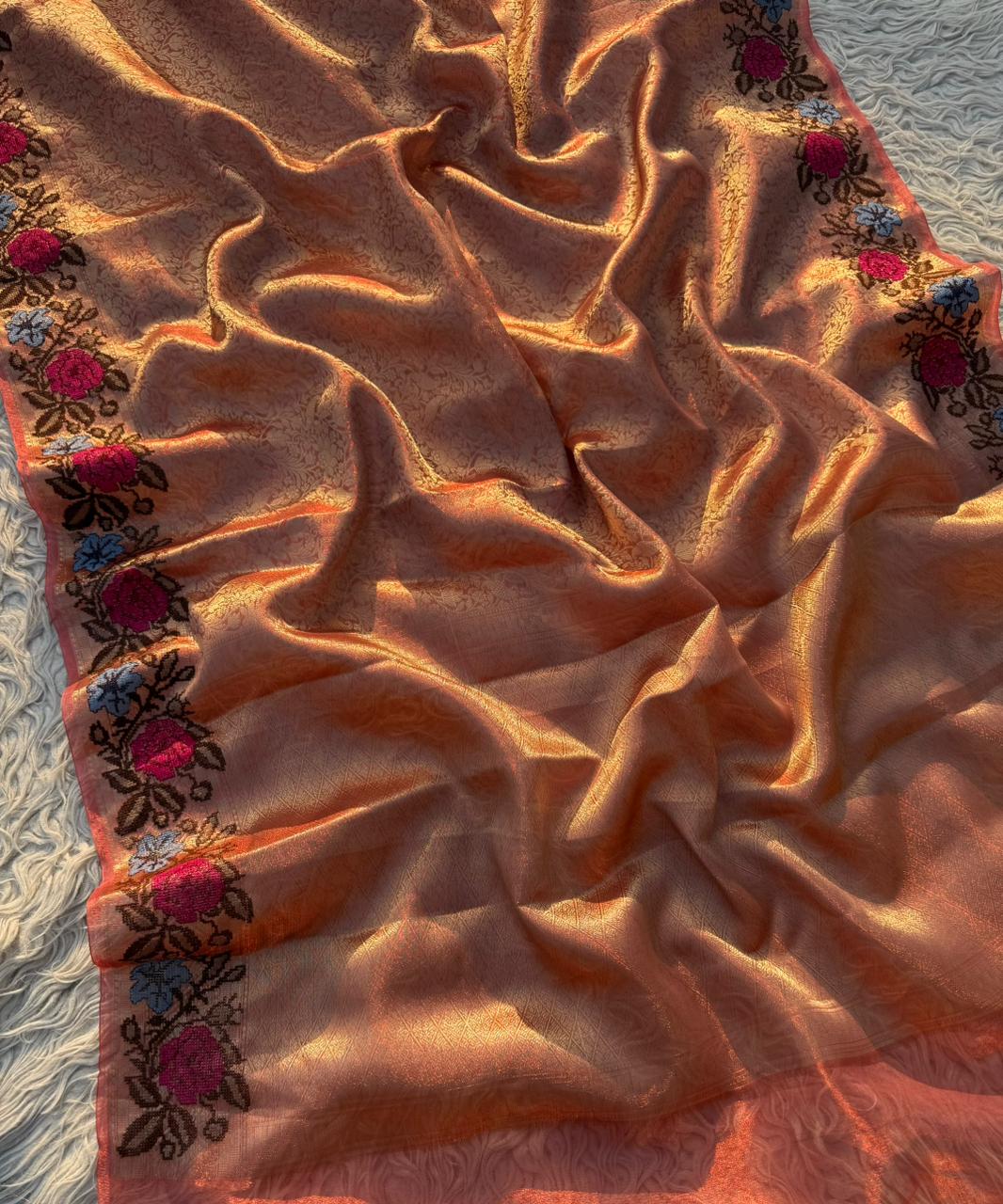 Authentic kanjivaram brocade tissue saree With Cross Stitch Embroidery