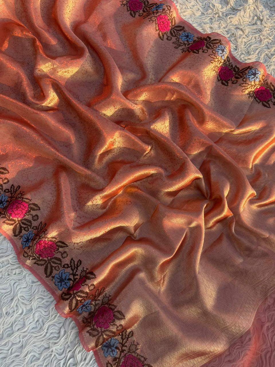 Authentic kanjivaram brocade tissue saree With Cross Stitch Embroidery