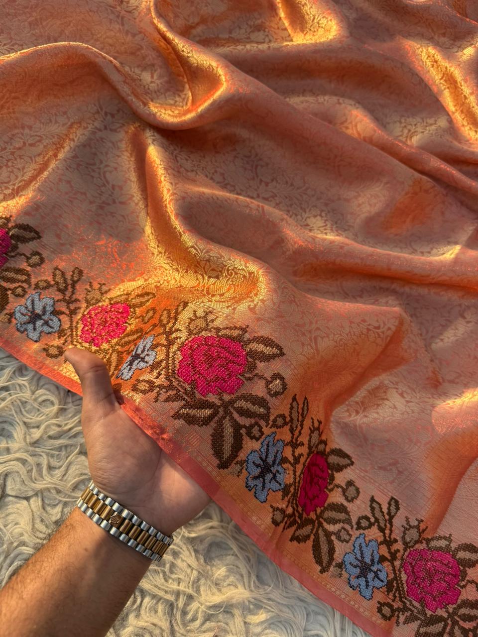 Authentic kanjivaram brocade tissue saree With Cross Stitch Embroidery