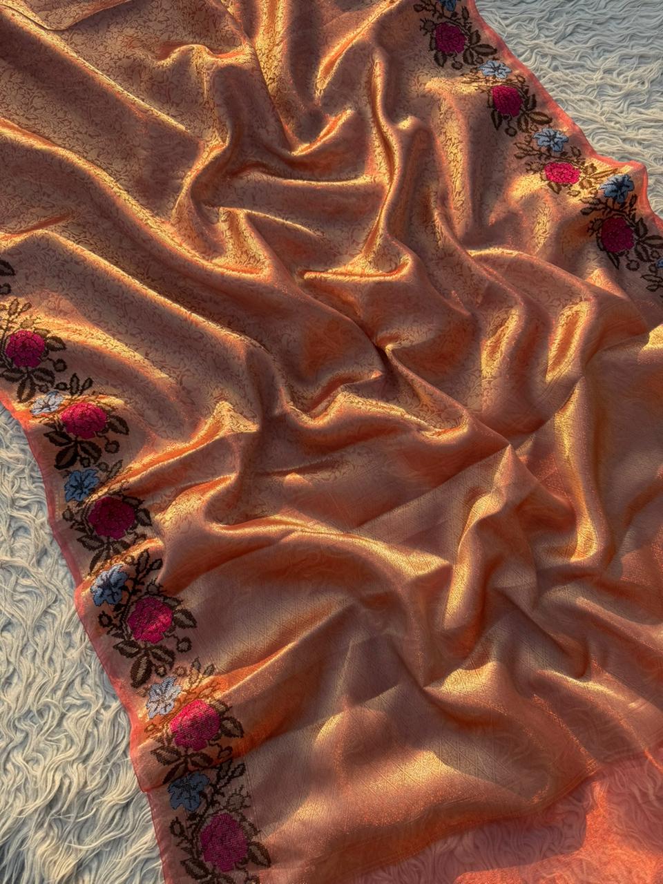 Authentic kanjivaram brocade tissue saree With Cross Stitch Embroidery