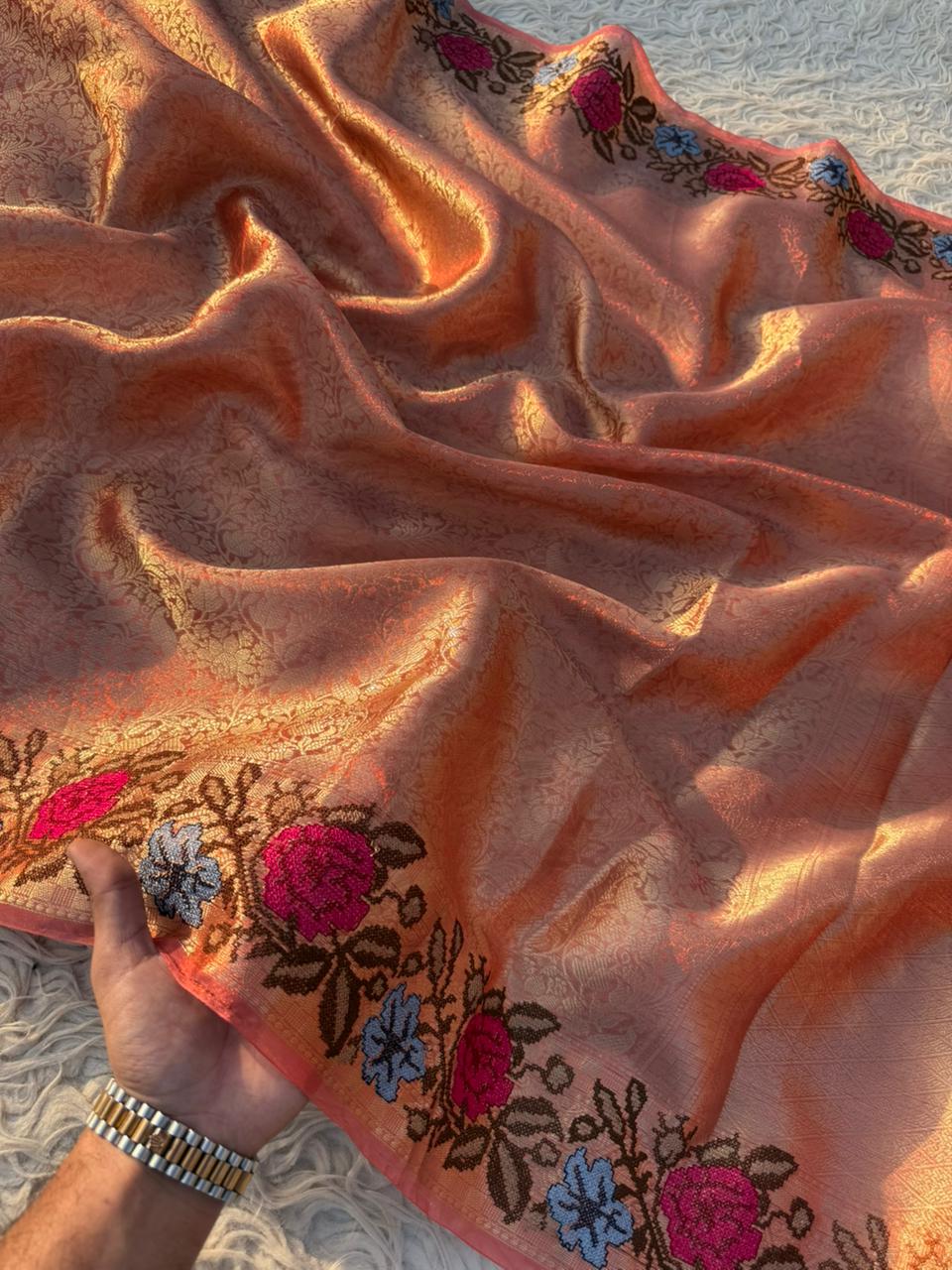 Authentic kanjivaram brocade tissue saree With Cross Stitch Embroidery