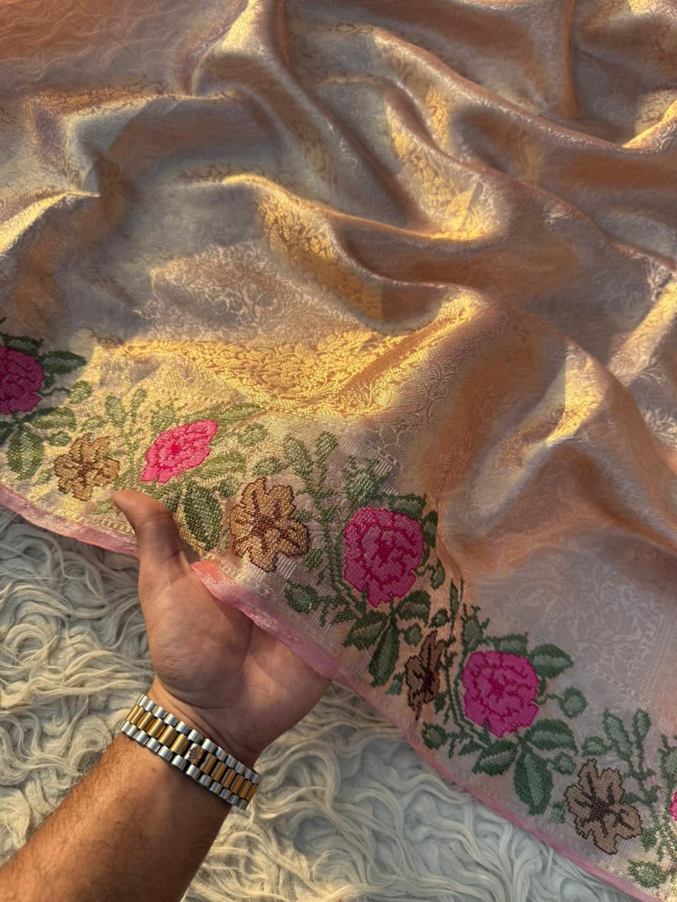 Authentic kanjivaram brocade tissue saree With Cross Stitch Embroidery