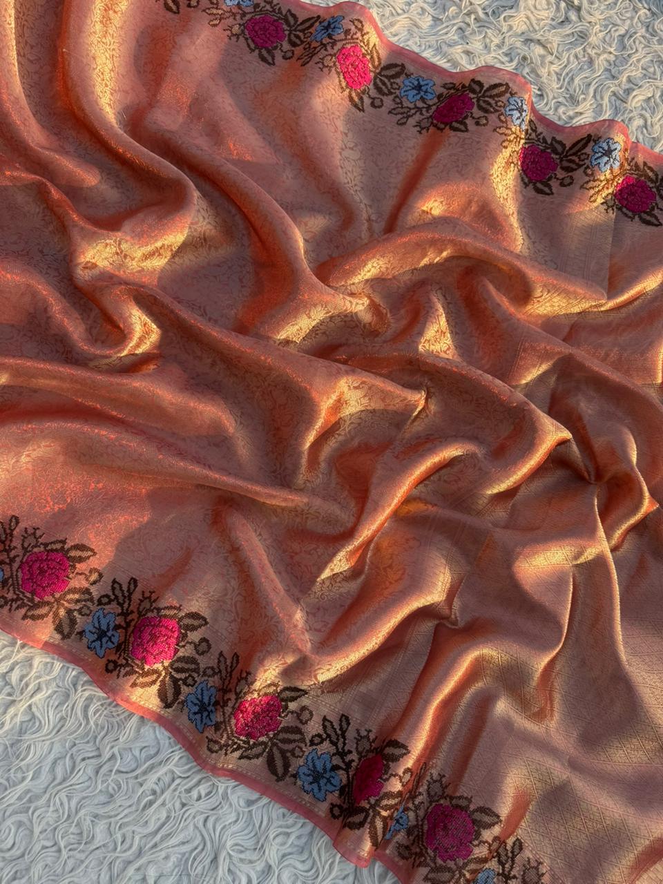 Authentic kanjivaram brocade tissue saree With Cross Stitch Embroidery