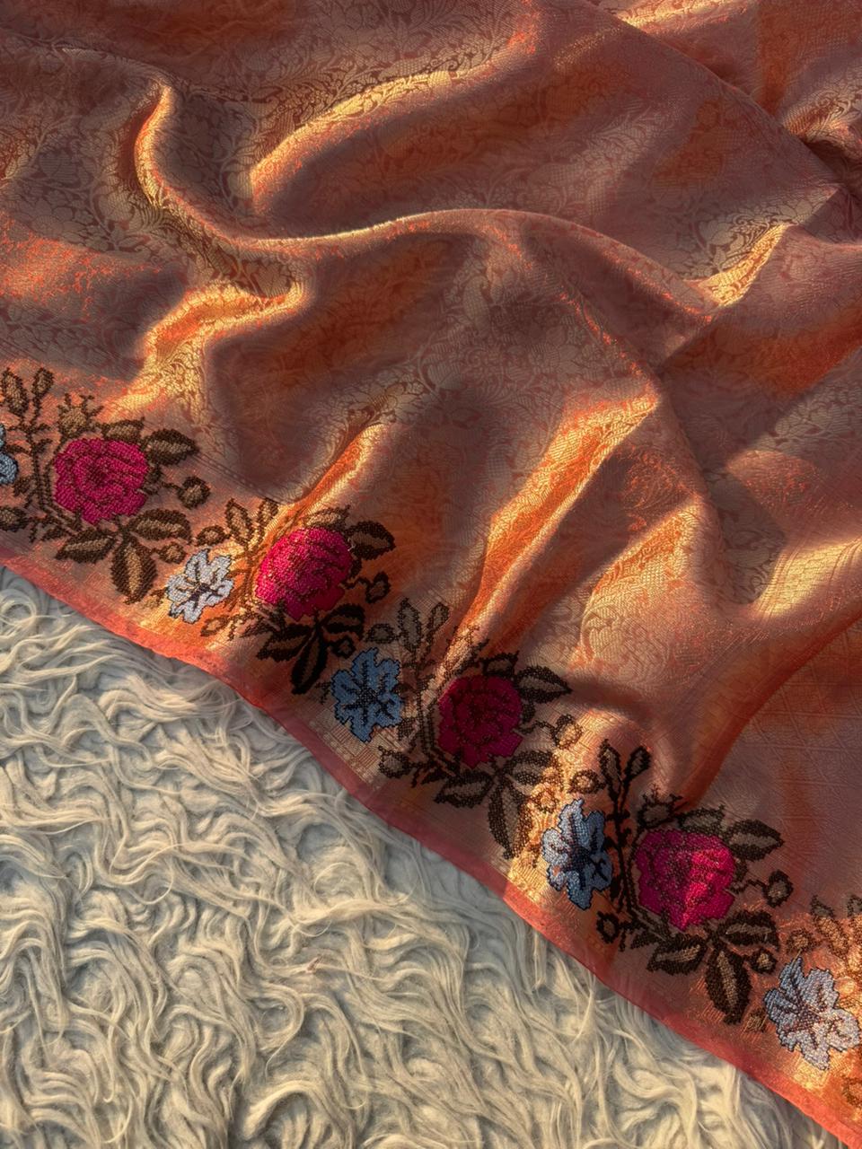 Authentic kanjivaram brocade tissue saree With Cross Stitch Embroidery