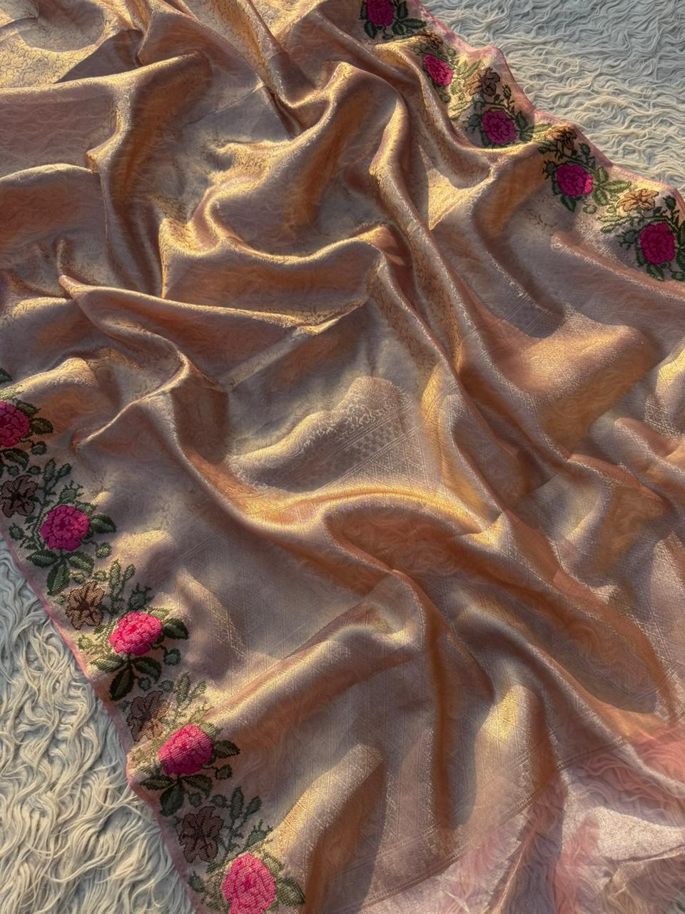 Authentic kanjivaram brocade tissue saree With Cross Stitch Embroidery