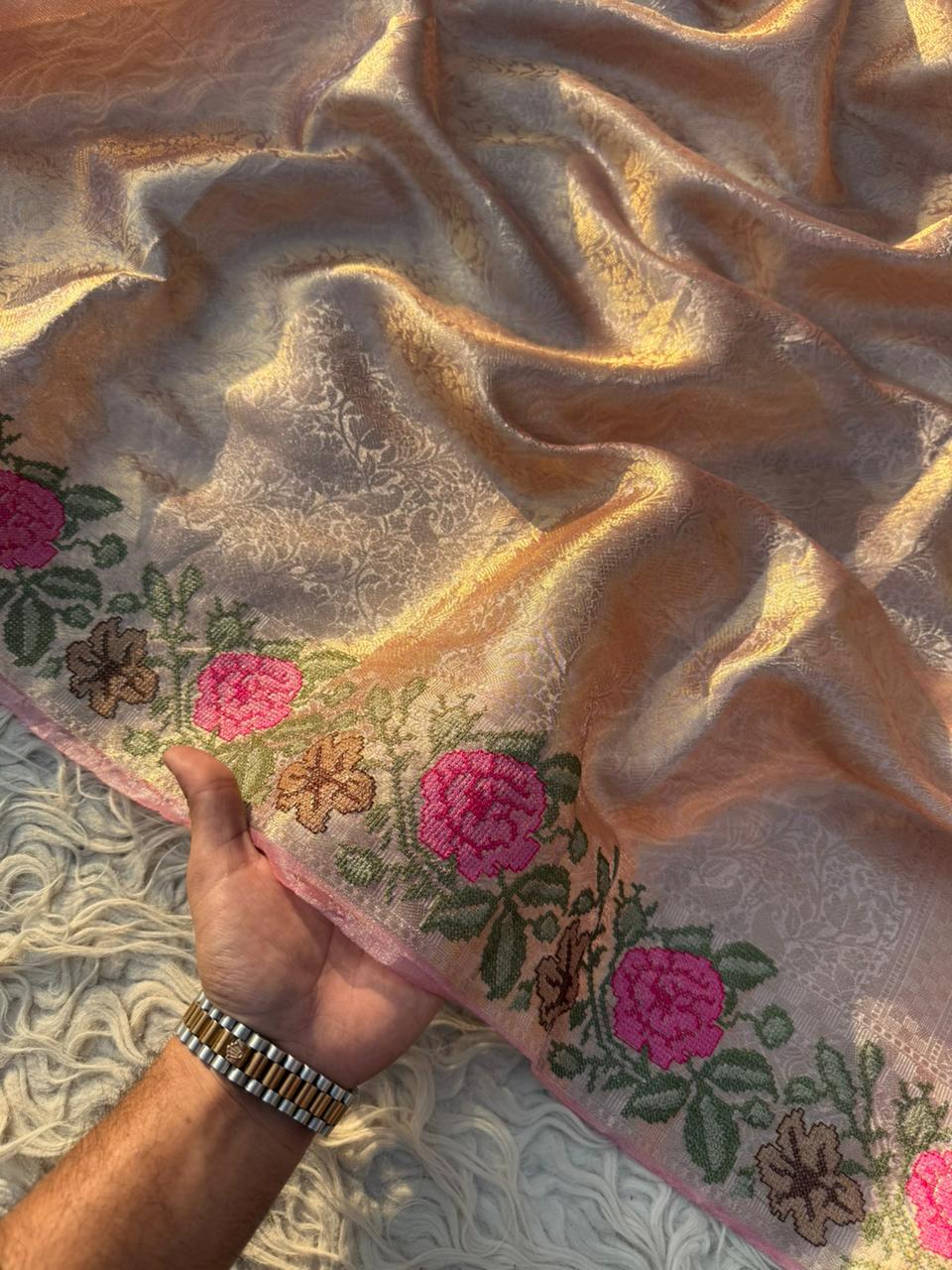 Authentic kanjivaram brocade tissue saree With Cross Stitch Embroidery