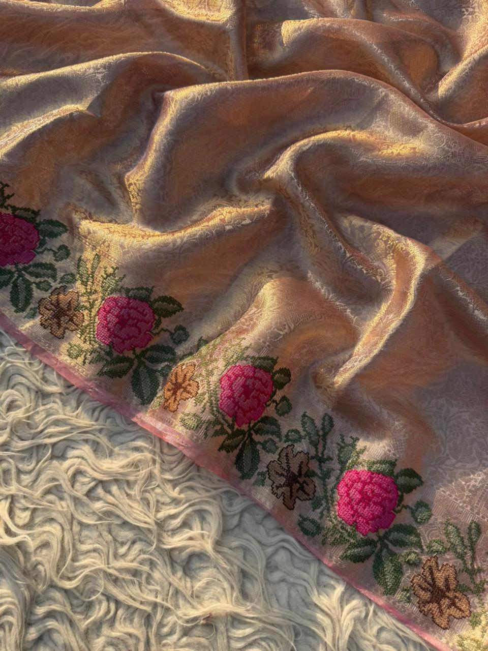 Authentic kanjivaram brocade tissue saree With Cross Stitch Embroidery