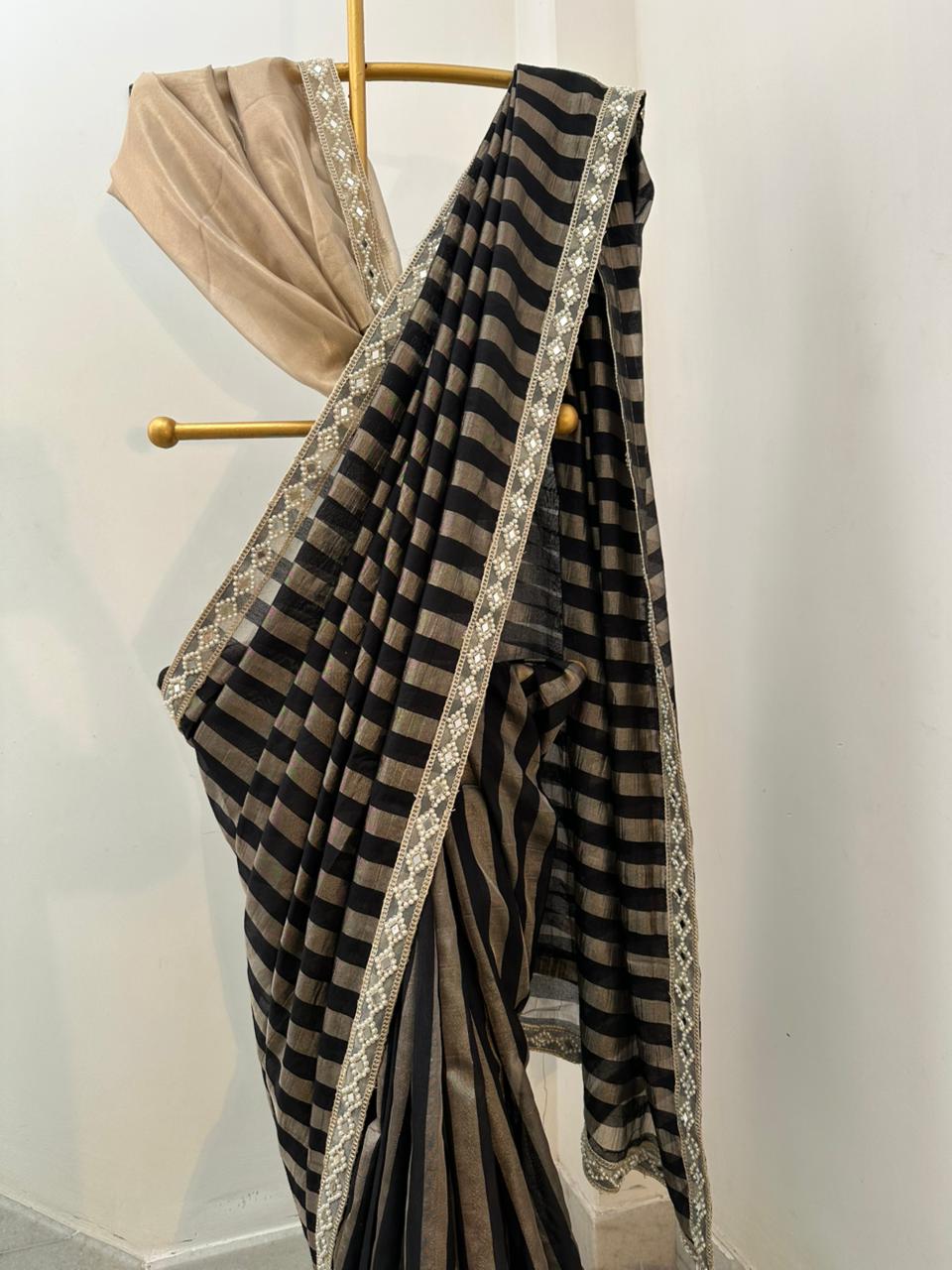 Tissue Silk Saree with Stripe Work and Moti Border