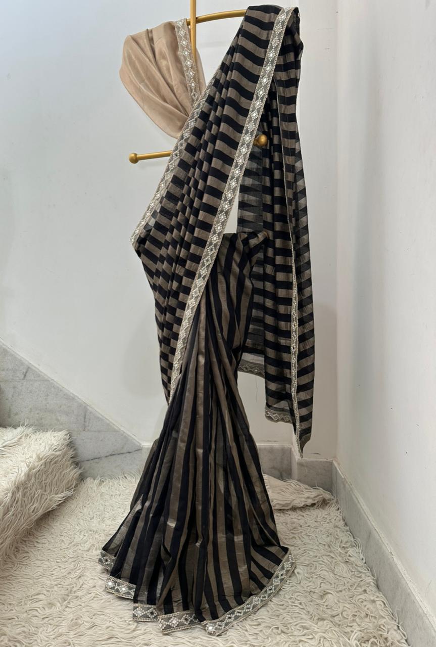 Tissue Silk Saree with Stripe Work and Moti Border