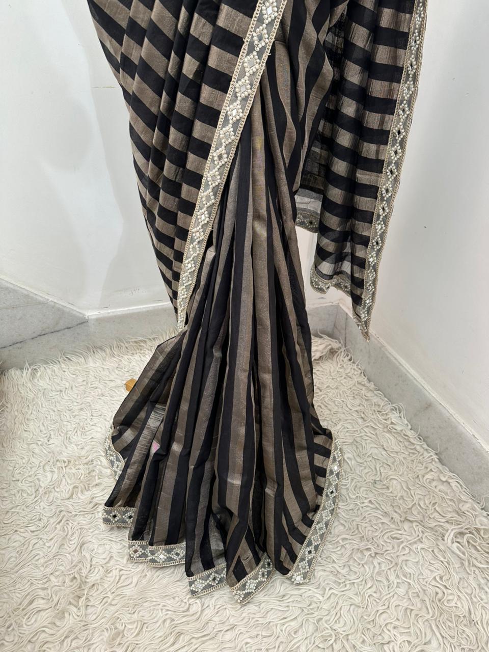 Tissue Silk Saree with Stripe Work and Moti Border