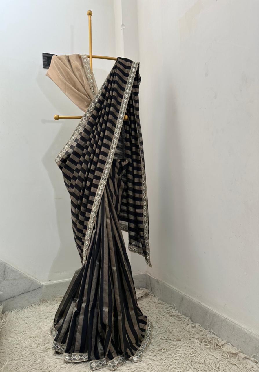 Tissue Silk Saree with Stripe Work and Moti Border