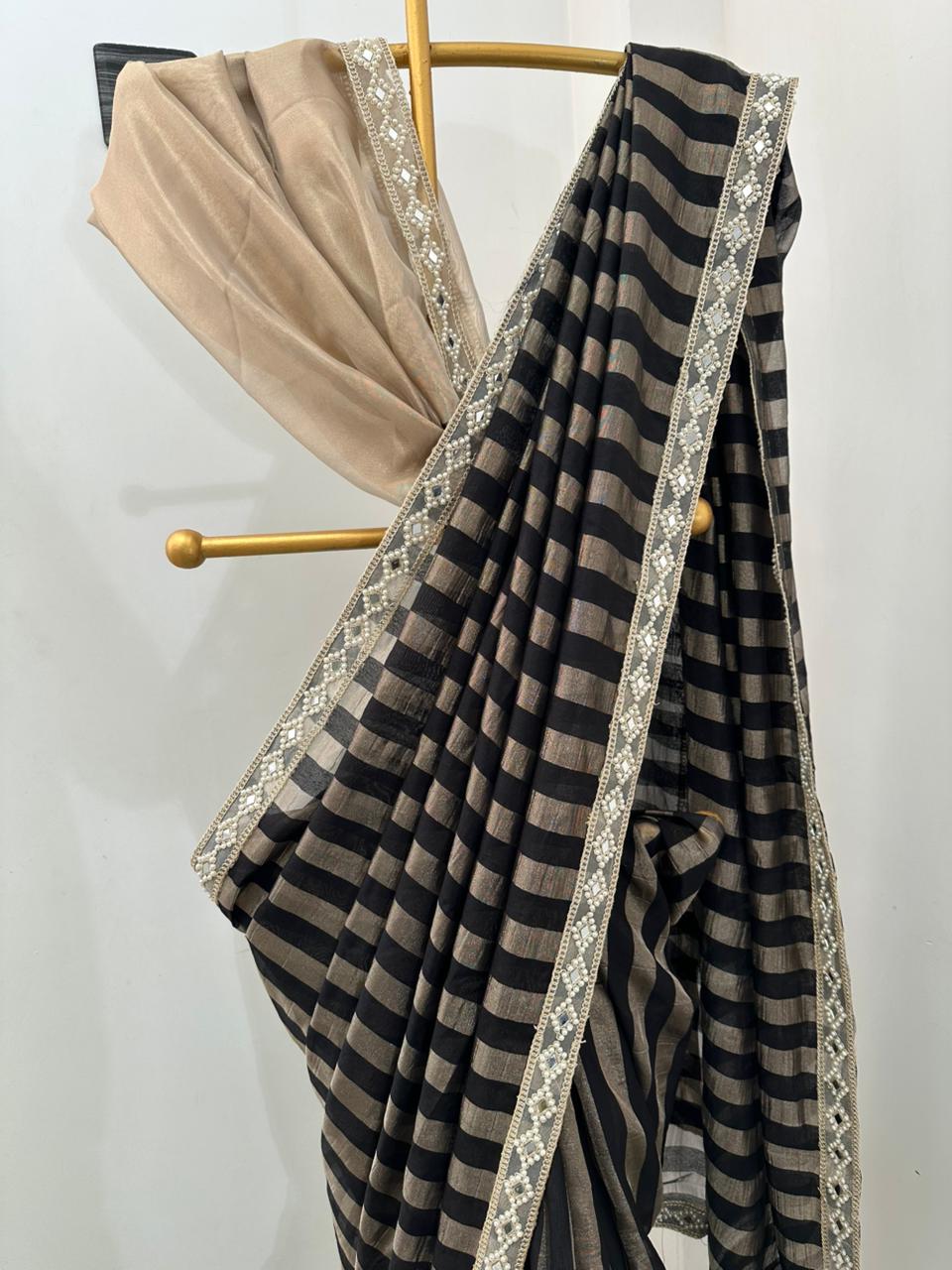 Tissue Silk Saree with Stripe Work and Moti Border