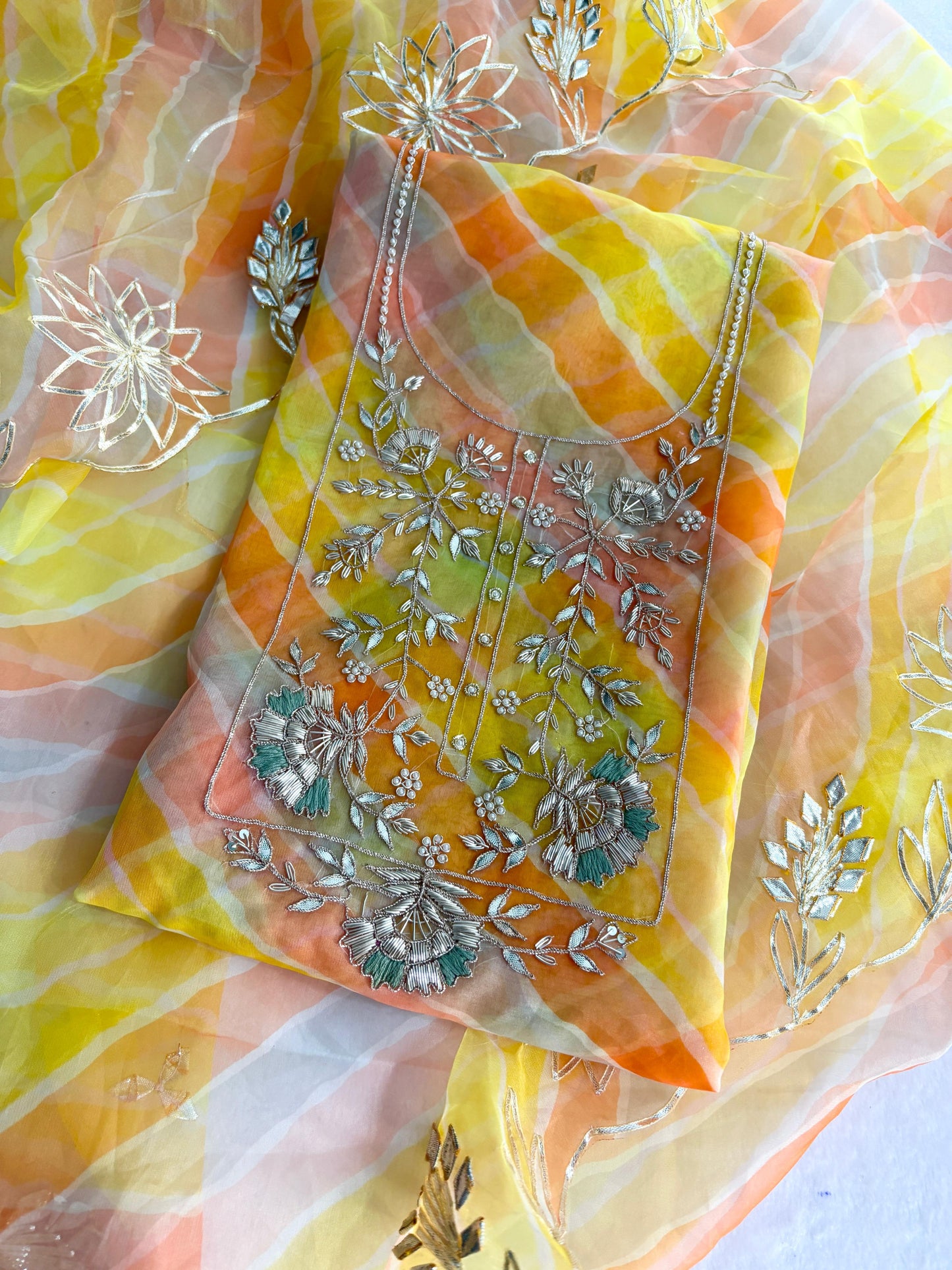 Viscose Organza Zardozi Work unstitched Suit With Gota Patti Dupatta