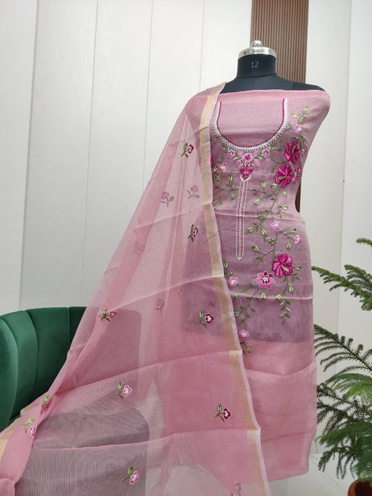 Pure Kota Doriya unstitched suit with embroidery work