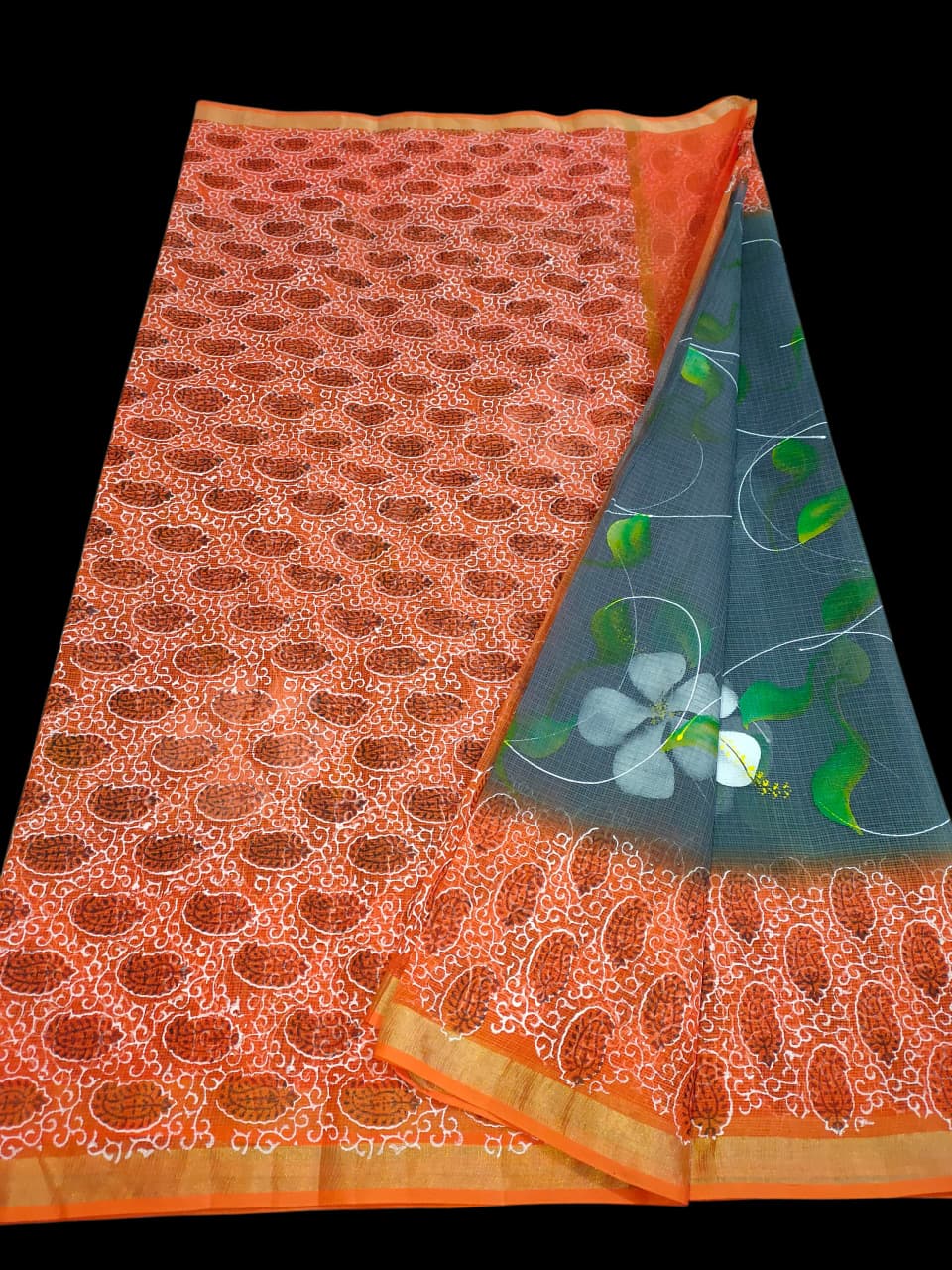 Kota Doria Saree With Hand Bursh Print Work