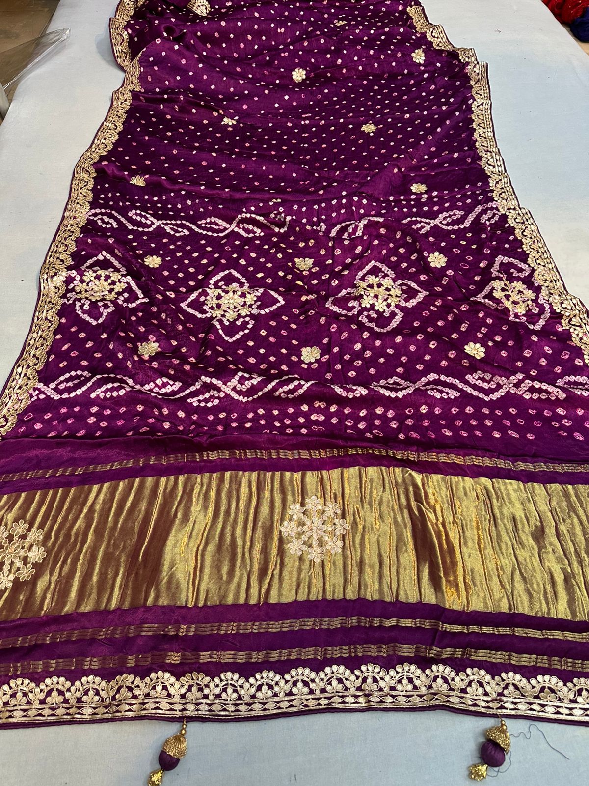 Pure Hand Bandhej Gajji Silk Saree Gota Patti Work With Hand Work Blouse.