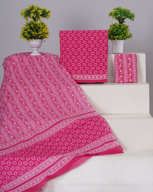 Pure Cotton Jaipuri Hand Block Print Unstitched Suit With Mul Cotton Dupatta.