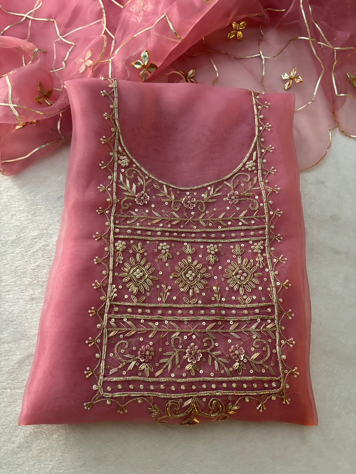 Organza Zardozi Work unstitched Suit With Gota Patti Dupatta