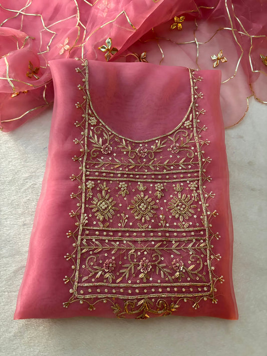 Organza Zardozi Work unstitched Suit With Gota Patti Dupatta