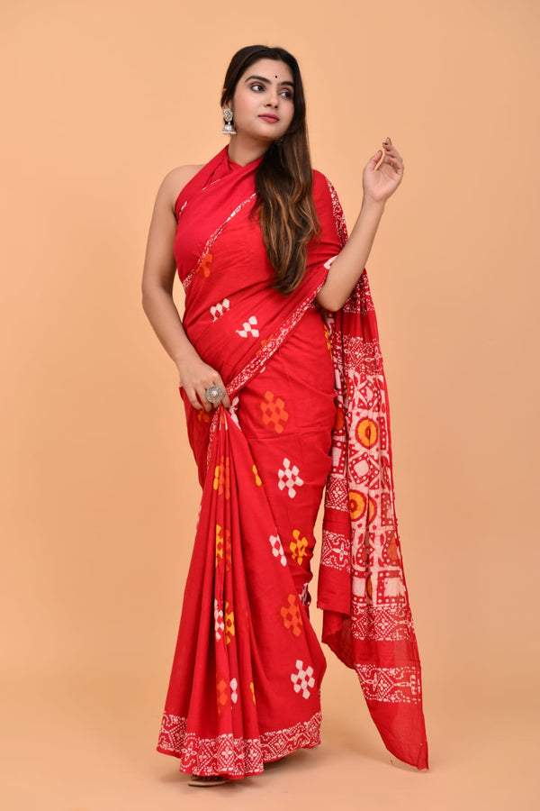 Pure Hand Printed Cotton Sarees With Blouse (Copy)