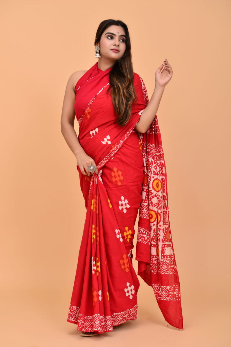 Pure Hand Printed Cotton Sarees With Blouse (Copy)