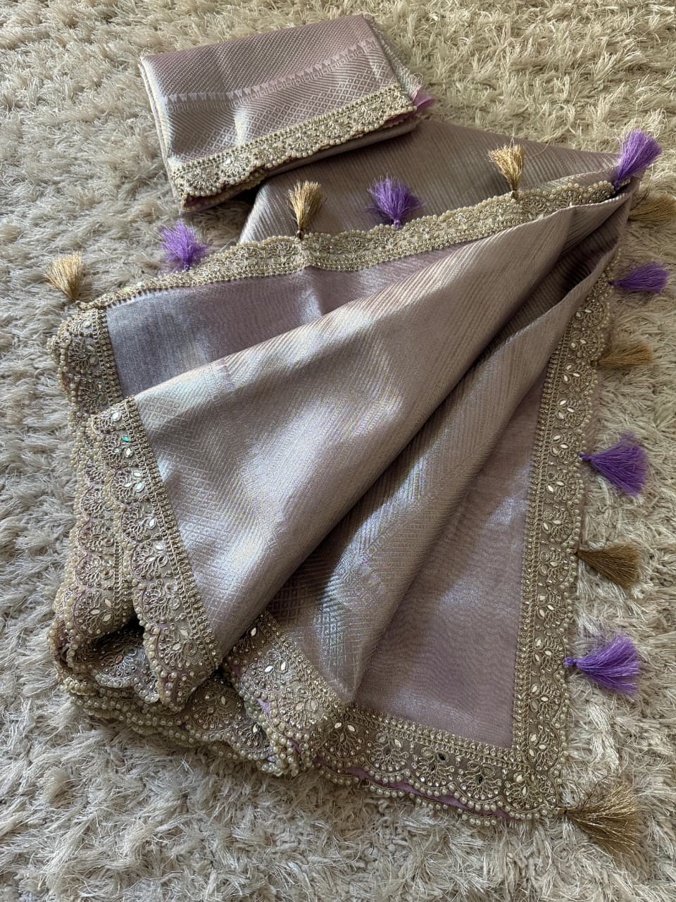 Tissue Silk Saree with Stripe Work and Moti Border