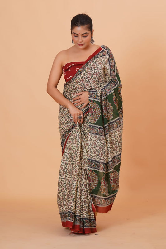 Pure Hand Printed Cotton Sarees With Blouse