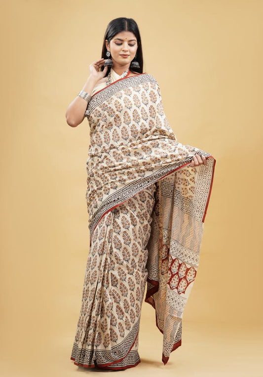 Pure Hand Block Printed Cotton Sarees With Blouse