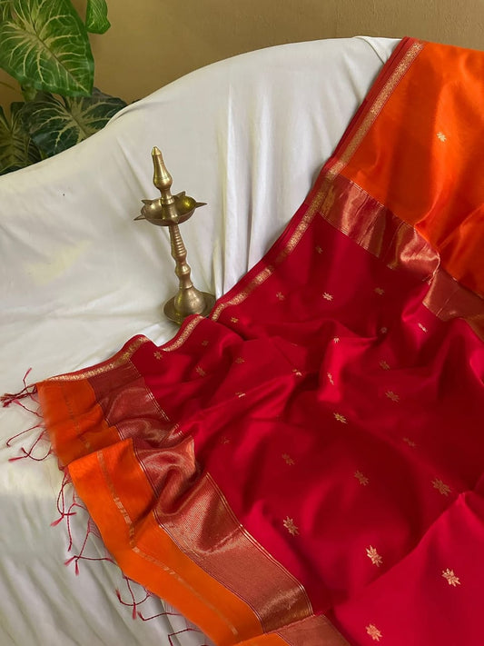 Handloom Maheshwari Silk Saree With Golden Zari Work