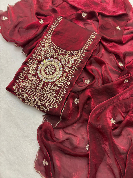 Premium Crush tissue  Unstitched Suit Zardogi Work With Gota Patti Duptta