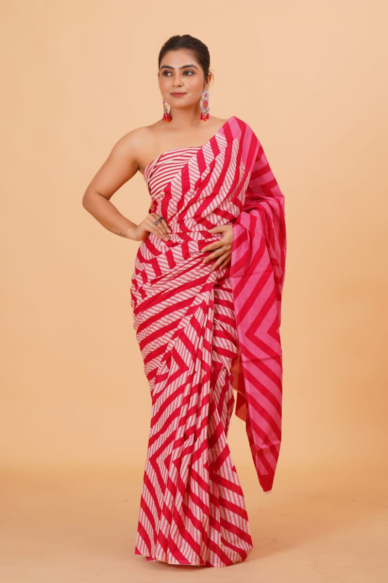 Pure Hand Printed Cotton Sarees With Blouse