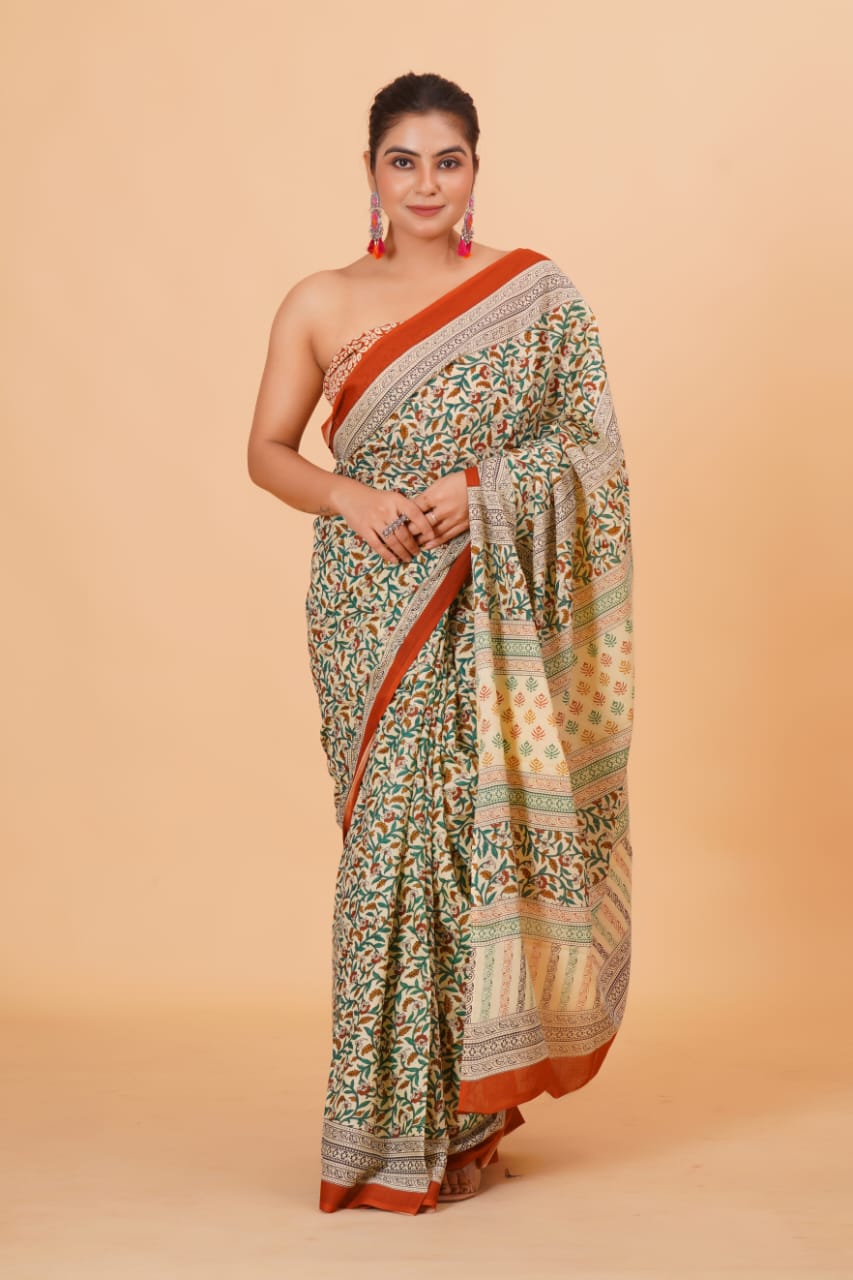 Pure Hand Printed Cotton Sarees With Blouse