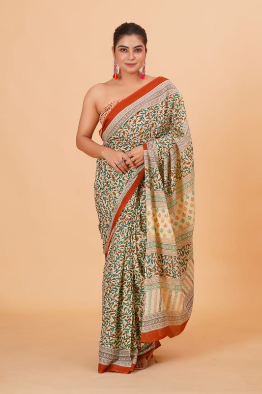 Pure Hand Printed Cotton Sarees With Blouse