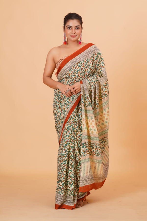 Pure Hand Printed Cotton Sarees With Blouse