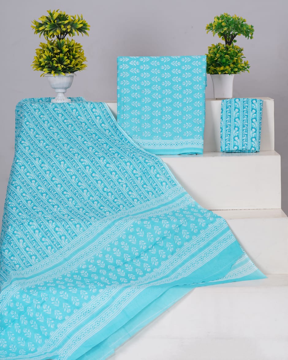 Pure Cotton Hand Block Print Unstitched Suit With Mul Cotton Dupatta.