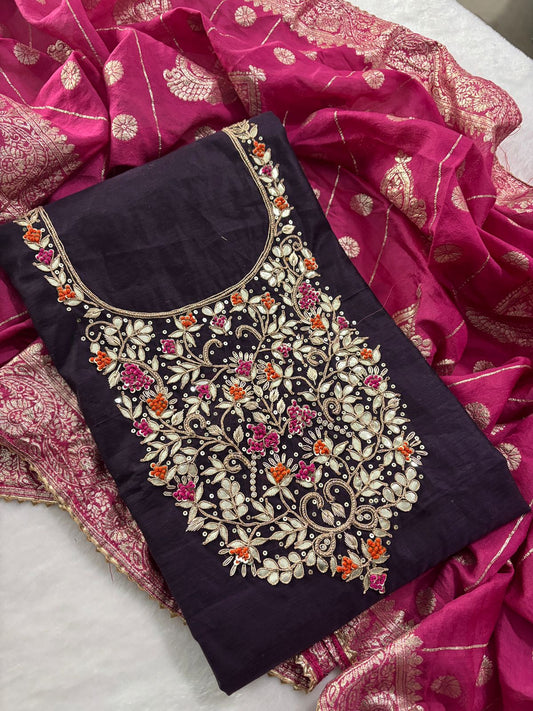 Rich Chanderi  Unstitched Suit with Zardogi Work with Dupatta