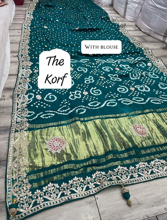 Pure Hand Bandhej Gajji Silk Saree Gota Patti Work With Hand Work Blouse.