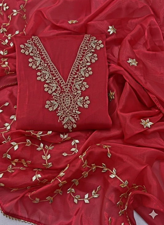 Pure jimmy choo Unstitched Suit with Zardogi Work Dupatta With Gota Patti Work
