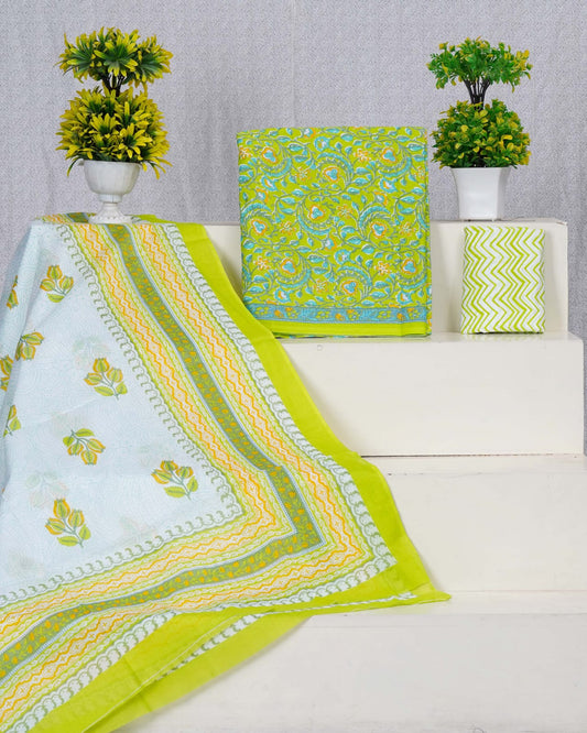 Pure Cotton Jaipuri Hand Block Print Unstitched Suit With Mul Cotton Dupatta.