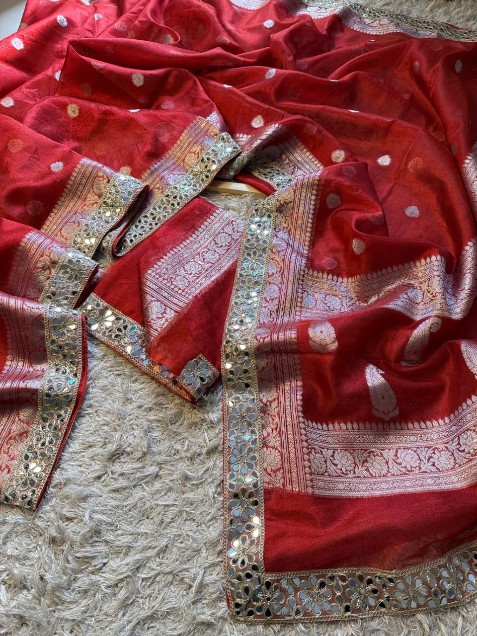 Tissue Silk Saree with Stripe Work and Moti Border